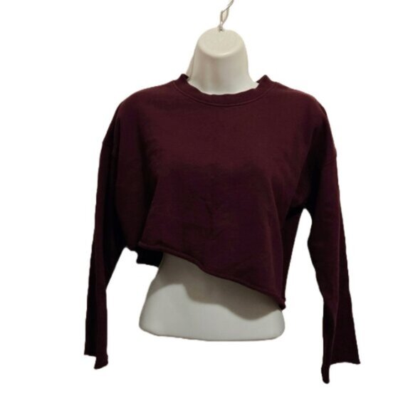 AllSaints Burgundy Cropped Asymmetrical Raw Hem Sweater - Picture 2 of 6